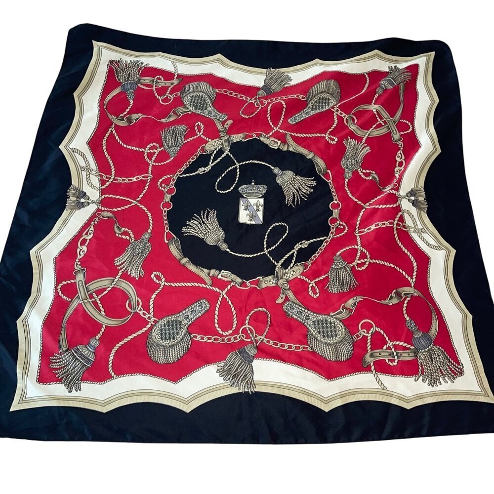 Vintage Womens Scarf Red Large Tassel And Epaulettes Print